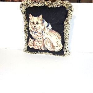 Vtg Cat & Kittens Tapestry Throw Pillow Fringe CatLady 12x11 Cottagecore Prairie
